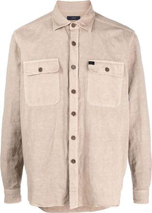Fay logo-patch button-up shirt - men - Linen/Flax/Cotton - 41 - Neutrals