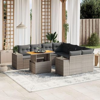 vidaXL Set De Muebles De Jard&iacute;n 9 Pzas Y Cojines Rat&aacute;n Sint&eacute;tico Gris Vidaxl