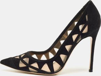 Gianvito Rossi Black Suede And Mesh Maxine Laser Cut Pointed Toe Pumps