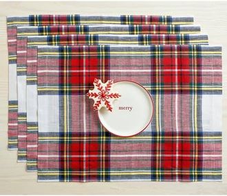 Solino Home Linen Placemats Set of 4, 14 x 19 Inch for Dining Table, Holiday and Everyday Table Decor - Stewart Plaid in White at Nordstrom, Size