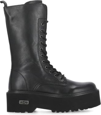 Cult Zwarte Leren Laarzen met Vetersluiting - Dames - Veterlaarzen - Zwart - 41 EU - Schoenen