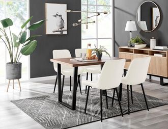 Furniturebox Kylo Brown Wood Effect Dining Table With Black U Legs & 4 Pesaro Velvet Chairs in Cream