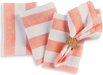 Solino Home Linen Dinner Napkins Set of 4, 20 x 20 Inch for Dining Table, Holiday and Everyday Table Decor - Cabana Stripe in Salmon And White at