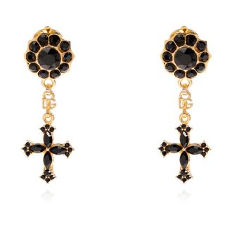 Dolce & Gabbana Earrings, female, Yellow, Size: ONE SIZE Cross and rhinestone clip earrings