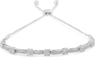 House of Brilliance 925 Sterling Silver 1/4 Cttw Diamond 4-10 Adjustable Bolo Alternating Square and Rectangle Bolo Bracelet