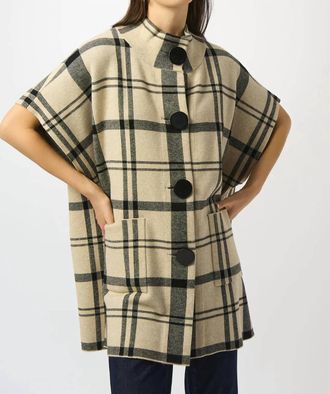 Joseph Ribkoff Plaid Poncho Top In Champagne/black