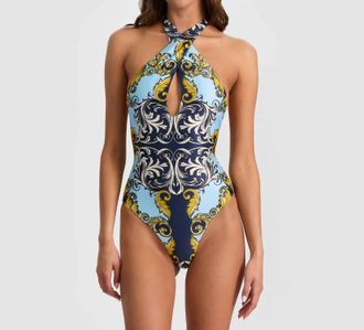 PQ Swim Cross Front One Piece Swimsuit In Antique Scroll