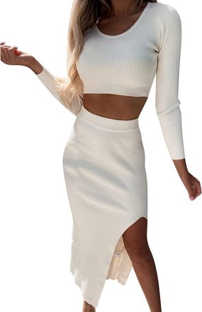 Generic Skirts Set Women Autumn and Winter Threaded Long Sleeve Fashion Split Long Skirt Two Piece Set (White, S)