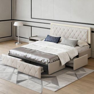 OEM Cama 140x190 Cm, Led Rgb, Contempor&aacute;neo, Cama Para Adultos, Marco De Cama Doble 140x190 Cm, Pu, Beige