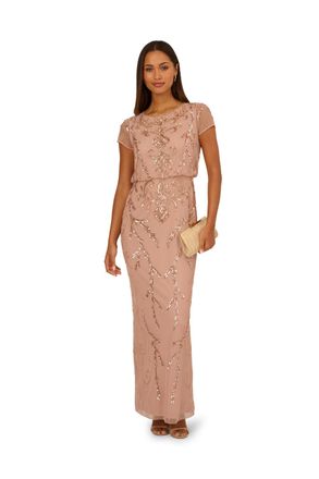 Adrianna Papell Womens Studio Bead Blouson Long Dress - Pink - Size 12 UK
