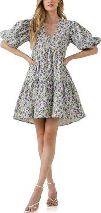 endless rose Floral Jacquard Puff Sleeve Dress in White/purple at Nordstrom Rack, Size X-Small