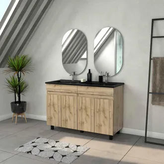 Aurlane Mueble De Ba&ntilde;o 120cm Con 4 Puertas Aspecto Roble Natural + Lavabo Negro Y Espejos Ovalados