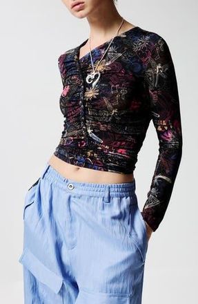 Desigual Doodle Print Asymmetric Ruched Crop Top in Black at Nordstrom Rack, Size Large