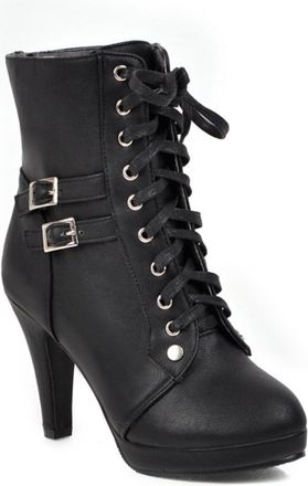 Generic Womens Round Toe Stiletto Heel Ankle Boots Lace Up Double Buckle Strap Combat Comfortable Non Slip Durable for Evening Party Prom,Black,3.5 UK