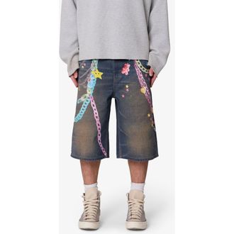 mnml Ultra Baggy Chain Print Denim Shorts in Blue at Nordstrom, Size 38