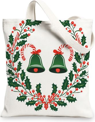 Generic Christmas Bells Wreath Canvas Tote Bag for Shopping 13x15, Fun Watercolor Holly Xmas Reusable Grocery Print Bag for Women Men, Holiday New Year Aesthe