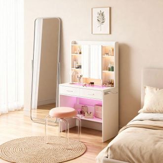 OEM Peluquer&iacute;a Con Espejo, Usb, Tira De Luz, Soporte Para Secador De Pelo, 2 Cajones, Madera Y Vidrio, Blanco