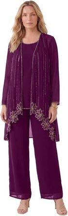 Roaman's Plus Size Long Sleeve Floral Beaded Georgette Three Piece Pant Set in Dark Berry at Nordstrom, Size 22