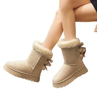 Generic YUJIEBB Winter Thick-Soled Mid-Tube Snow Boots Bow Furry Mouth Plus Fluffy Thick Cotton Boots Casual Everything White