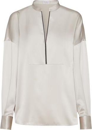 Brunello Cucinelli Stretch silk satin blouse in Beige Silk at Nordstrom, Size Xx-Large Eu