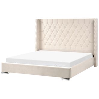 Beliani Cama Con Somier De Terciopelo Con Capiton&eacute; Y Tachuelas Blanco Crema 180 X 200 Cm Lubbon