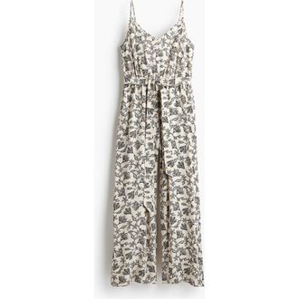 H&M Tie-belt Jumpsuit in Cream/black Floral at Nordstrom, Size Xx-Large