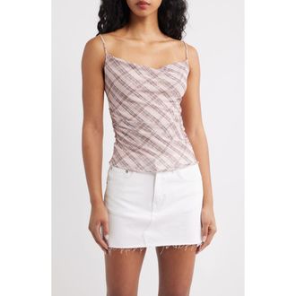 Mango Illo Plaid Cowl Neck Ruched Top in Pink at Nordstrom, Size X-Small