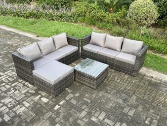 Fimous Wicker Rattan Garden Furniture Sofa Set with Square Coffee Table Big Footstool 7 Seater Outdoor Rattan Set in Dark Grey