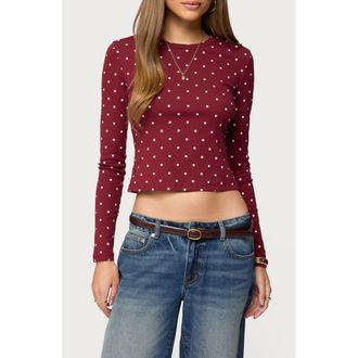 Edikted Daliya Polka Dot Long Sleeve Crop Shirt in Burgundy at Nordstrom, Size X-Large