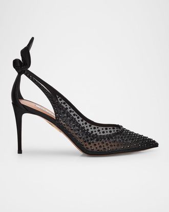 Aquazzura Crystal Satin Mesh Bow Pumps