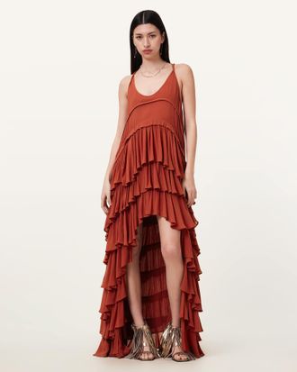 AllSaints Viscose Cavarly Tiered Ruffle Maxi Dress, Size: UK 10/US 6