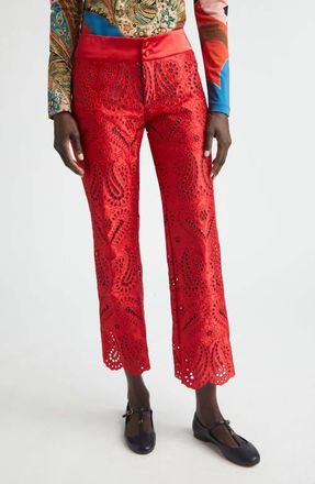 Etro Paisley Eyelet Duchess Satin Trousers in Red at Nordstrom, Size 40
