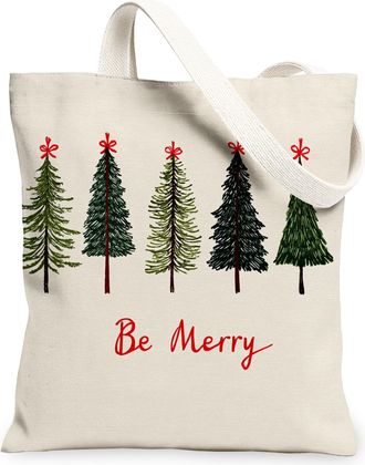 Generic Christmas Tree Canvas Tote Bags, Festive Holiday Design Reusable Grocery Bags, Lightweight Washable Shoulder Strap Canvas F, Beige, 13x15 Inch