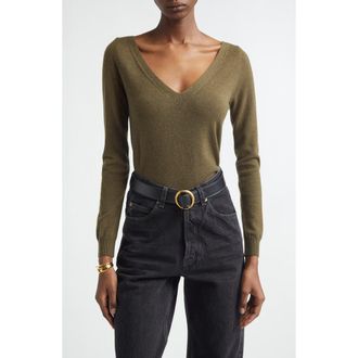 Saint Laurent Deep V-Neck Cashmere Sweater in Khaki Militaire at Nordstrom, Size X-Large