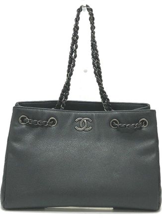 Chanel Black Gray Grained Calfskin Handbag Shoulder Bag Tote Bag (Pre-Owned)