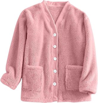 Generic Bed Jackets for Women Fleece Bed Jackets for Women UK Soft Casual Button Down V Neck Pyjamas Jacket Thickened Plush Home Wear Comfy Nightwear with Poc
