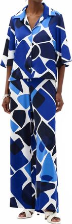 Joseph Ribkoff Recylced Woven Geomteric Print Straight Blouse In Vanilla/ Blue