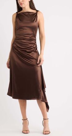 Chelsea28 Ruched Asymmetric Satin Midi Dress in Brown Bitter at Nordstrom, Size Xx-Small