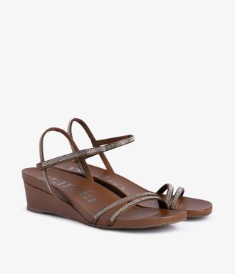 Pedro Garcia Strappy wedge sandal in brown satin and crystals |Wissal | Spring Summer 26 |PEDRO GARCIA