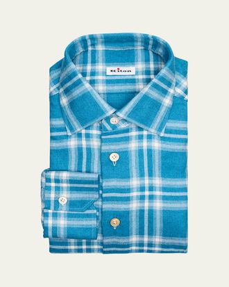 Kiton Mens Plaid Cotton Dress Shirt