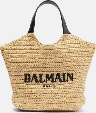 Balmain Logo raffia-effect top-handle bag