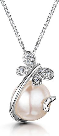 The Diamond Store Button Pearl and Diamond Stellato Pendant Necklace in 9K White Gold