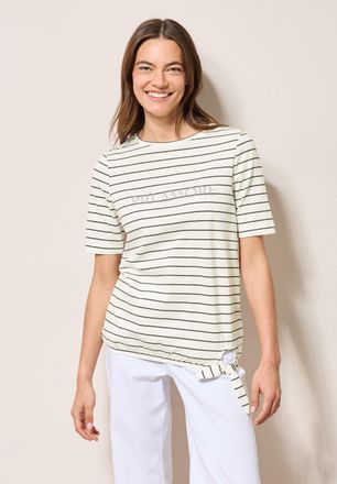 Cecil T-Shirt CECIL, Damen, Gr. XS (36), weiss (vanillewei&szlig;), Jersey, Obermaterial: 95% Baumwolle, 5% Elasthan, gestreift, regular fit taillenbedeckt, U-Boo