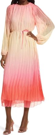 Something Navy Pleated Long Sleeve Dress In Pink Combo
