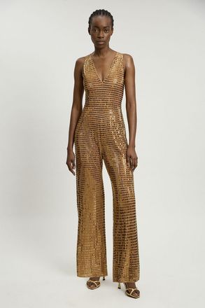 Karen Millen Womens Premium Crystal Embellished Jumpsuit - Gold - Size X-Small