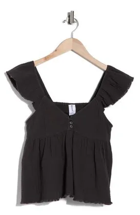 Abound Cotton Gauze Flutter Sleeve Babydoll Top in Black at Nordstrom Rack, Size X-Large