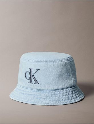 Calvin Klein Mens Washed Denim Embroidered Logo Bucket Hat - Blue
