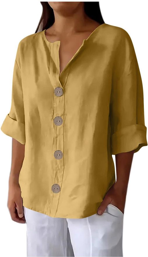 KUIH Linen Blouses for Women UK V Neck Long Sleeve Shirts Cotton Linen Tops Lightweight Casual Loose Button Tunic Tops Holiday Summer Plain Boho Tee T