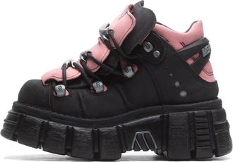New Rock Zwart Roze Leren Veterschoenen - Dames - Veterlaarzen - Zwart - 37 EU - Leer - Schoenen