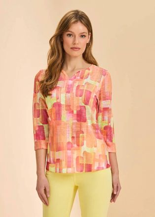 FDJ 3/4 Sleeve Notch Neck Top - Plus In Orange Rockefeller Abstract